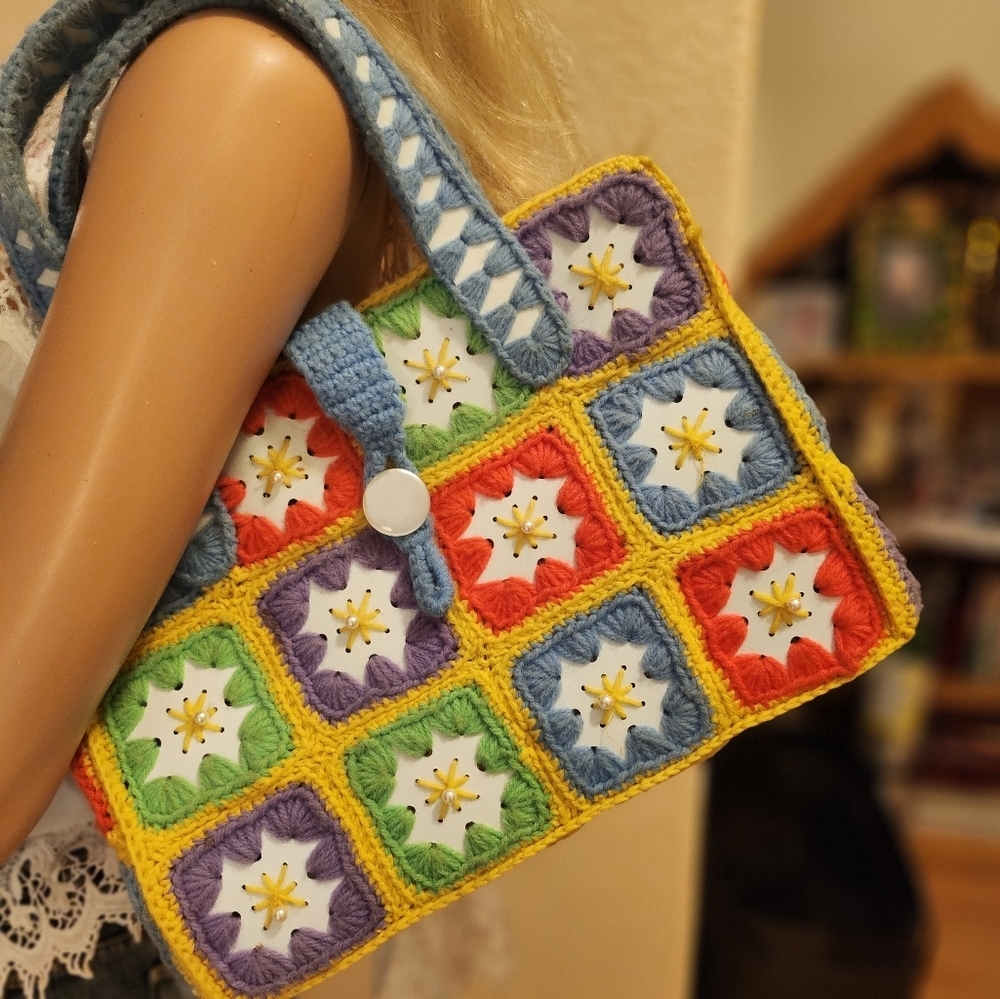 Bohemian VINTAGE  Colorful CRAFTED Crochet Tote Bag - Picture 8 of 16